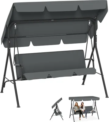 Produktbild von UISEBRT 3-Sitzer Hollywoodschaukel Grau, 193x110x152cm mit verstellbarem Sonnendach, Komfortkissen und Anti-Rutsch-Füßen, bis 200 kg, wetterfeste Gartenschaukel für Garten und Balkon