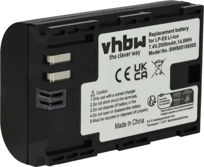 Produktbild von vhbw Akku kompatibel mit Canon EOS R5 Mark II, R6 Mark III, 80D, R5, R6, 7D Mark II, R6 Mark II, 90D, R, R5 C, 7D Kamera (2000 mAh, 7,2 V, Li-Ion), Infochip