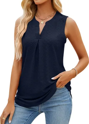 Image de ASKSA T-shirt femme col V sans manches Haut d'été Slim Blouse, Bleu marine, XXL