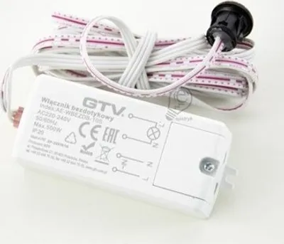 A white contactless sensor with a white cable and a black connector is shown on a white background.