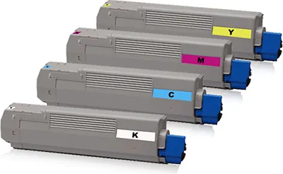 Four toner cartridges are arranged diagonally on a white background.