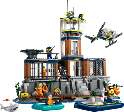 Produktbild von LEGO City Polizeistation auf der Gefängnisinsel, Polizei-Spielzeug mit Hubschrauber, Boot und Hai, Set mit 7 Minifiguren und Hund, Geschenk zum Geburtstag für Jungen und Mädchen ab 7 Jahren 60419