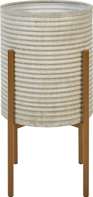 Produktbild von BELIANI Blumentopfständer Taupe u. Gold Metall 58 cm Hoch Rund ⌀ 31 cm auf Beinen mit Topf Gerillt Gerfiffelt Modern Blumenständer für Innenbereich