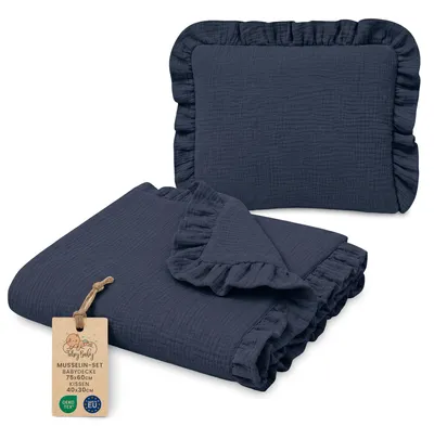 Produktbild von Muselindecke Baby Musselin Set: Babydecke 75x60 cm + Kissen 40x30 cm Babydecke Decke Sommerdecke Kühldecke Bettwäsche Kinder mit Rüschen Baumwolle Set Kissen atmungsaktiv Marineblau