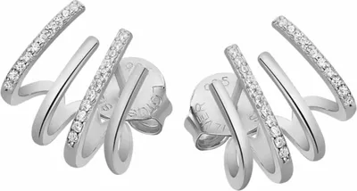 A pair of silver stud earrings with clear stones, shown against a white background.