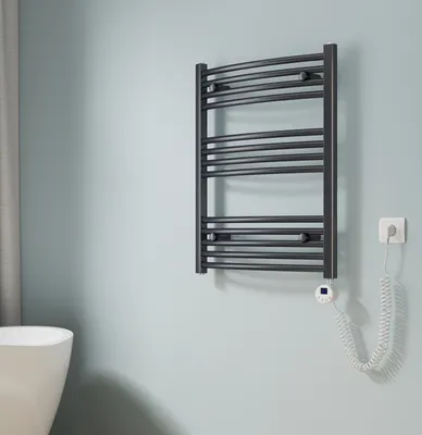 Image de EMKE Radiateur de salle de bain courbé Sèche-serviettes Inclus élément chauffant programmable Set thermostat, Radiateur électrique (Anthracite 75x60cm)
