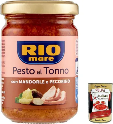 Produktbild von 12x Rio Mare Pesto al Tonno con Mandorle e Pecorino, Thunfischpesto kochsauce mit Mandeln und Pecorino 130g + Italian Gourmet polpa 400g