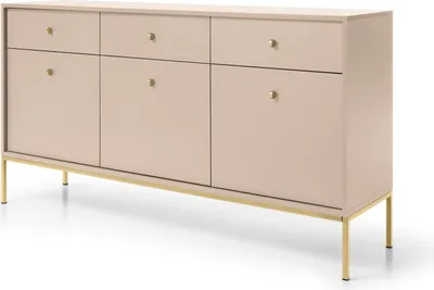 Produktbild von Sideboard 150 cm Monti - Kommode mit Schubladen, Wohnzimmer, Metallbeine 18 cm, Kommode mit 3 Türen (Beige + Gold)