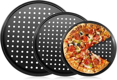 Immagine prodotto di Set per pizza da 3 pezzi - Piastra forata per pizza da forno - Rotonda - Rivestimento antiaderente e Acciaio al carbonio - Fondo per crosta - Set per pizza da forno (nero)
