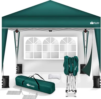 A green pop-up canopy tent and its accessories are displayed against a white background.