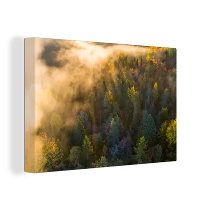Obrázok produktu pre OneMillionCanvasses® - Maľba na plátne - Obraz na plátne Nástenná maľba na plátne - Les - hmla - západ slnka - 150x100cm - Fotografia na plátne -
