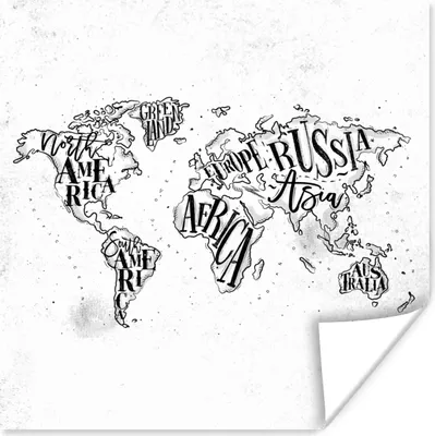 Produktbild von MuchoWow® Poster Weltkarte - Schwarz - Weiß - Buchstaben 30x30 cm - Wandposter - Printing