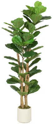 Produktbild von Künstlicher Geigenfeigenbaum 150 cm - Ficus Lyrata Kunstpflanze mit 71 Blättern & Echtholzstamm im Zementtopf - Pflegeleicht