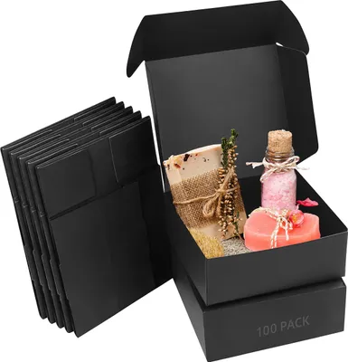 Produktbild von Kurtzy Schwarze Karton Geschenkbox mit Deckel (100er Pack) - 12 x 12 x 5 cm Geschenk Karton Box - Pappschachteln mit Deckel Einfach Zusammenzubauen -