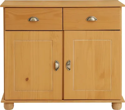 Produktbild von Kommode COLMAR 90cm breit, Gebeizt – schmales Sideboard im Landhausstil, 2 Türen und 2 Schubladen, Kiefer Massivholz, Muschelgriffe aus Metall, ideal für Flur, Wohnzimmer oder Küche