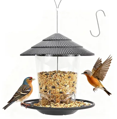 Immagine prodotto di Casetta per mangime per uccelli, da appendere, resistente alle intemperie, capacità di 1,4 kg, realizzata in plastica ABS