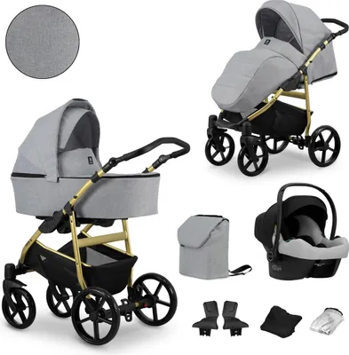 Produktbild von Kunert MATA 3in1 Kinderwagen in Grau mit Goldrahmen – sicherer und komfortabler Kinderwagen für jede Entwicklungsphase