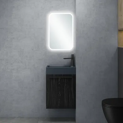 Image de doporro Petit Meuble sous Vasque Noir Texturé et Vasque Gris Noir Mat 46cm Ensemble de 3 Pièces Meuble de Salle de Bain avec Lavabo et Miroir LED Design Pisa