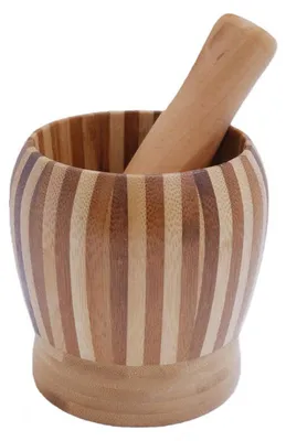 Productafbeelding van Decopatent - Bamboe Vijzel met Stamper Ø11 cm - Duurzame Houten Vijzel Set - Kruiden & Specerijen Malen - Keuken Accessoire Bamboo