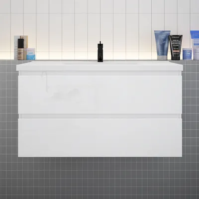 Produktbild von Badmöbel Set HUTI-Serie 100cm Keramik Waschbecken mit Unterschrank Badezimmermöbel mit 2 Schubladen Hochglanz Weiß Hängeschrank