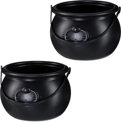 Productafbeelding van Heksenketel - Set van 2 - Accessoire voor Halloween - Snoepemmer - Goudpot - HxD: 13x19 cm - Heksenaccassoire - Zwart