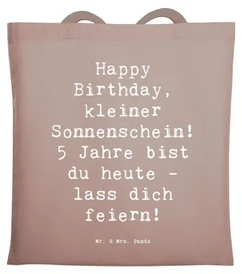 Produktbild von Mr. & Mrs. Panda Tote Bag Spruch 5. Geburtstag Sonnenschein - Braun Pastell - Geschenk, Alter, Laptoptasche, herzlicher, Stoffbeutel, Kindergeburtstag, Shopping Tasche