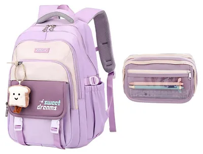 Produktbild von Schulrucksack Teenager Mädchen 36L mit Anhänger und Federmäppchen Lila