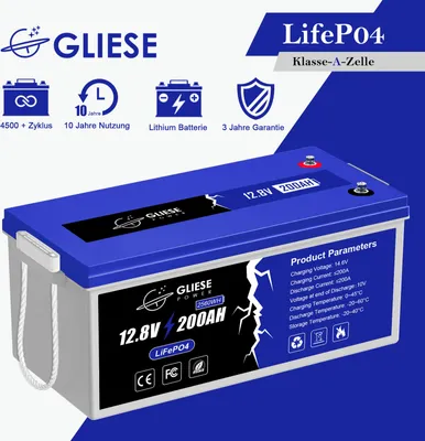 Produktbild von Solarbatterie 12V 200Ah LiFePO4 Lithium Akku Max. 2560Wh Energie 4500+ Zyklen und BMS 10 Jahre Lebensdauer für netzunabhängige Solaranwendungen Wohnmobile Camper Heimenergiespeicherung Marine