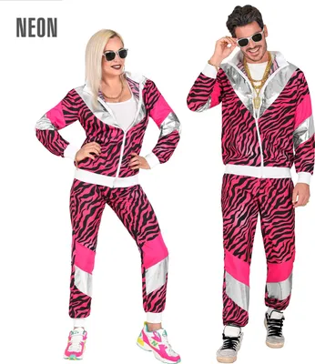 Produktbild von 80er Jahre pinker Tiger Trainingsanzug - Jogginganzug Gr. S bis 2XL -  Tigerprint Paarkostüm L - 180 -187 cm