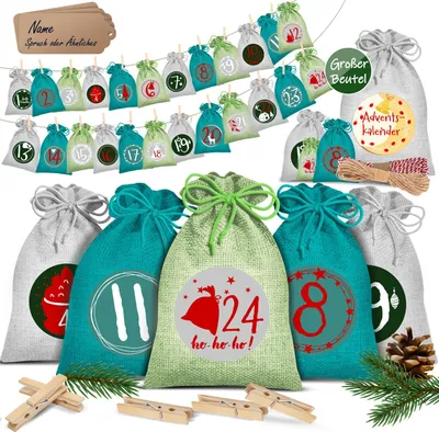 Produktbild von KESSER® Adventskalender zum Befüllen 24 Jutebeutel Gedruckte Stoffbeutel Kinder Weihnachtskalender zum Selber Befüllen Inkl.. 24x Schildchen + 1 Großer Aufbewahrungsbeutel Stoff