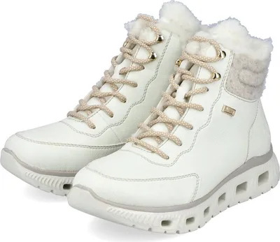 A pair of white winter boots with beige laces and fur trim, shown against a white background.