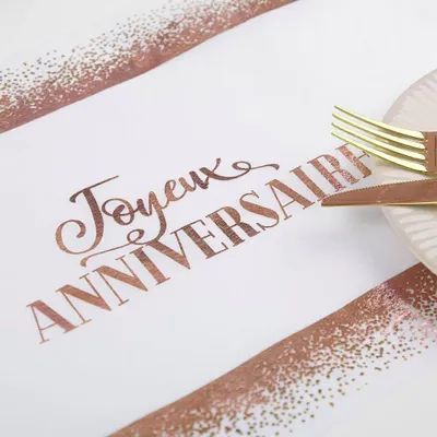 Immagine prodotto di Runner da tavola compleanno Anniversaire Joyeux Fibra Bianco Rosa 10 m x 28 cm