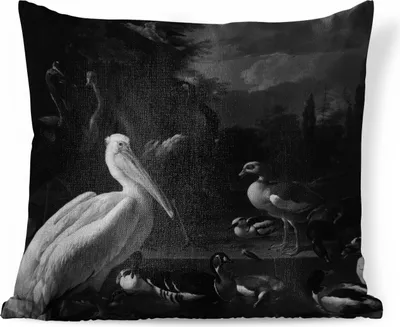 Produktbild von MuchoWow® Zierkissen Sofakissen Wohnzimmer Dekokissen 50x50 cm Ein Pelikan und andere Vögel in der Nähe eines Wasserbeckens - Melchior d'Hondecoeter - Komfort - Sofakissen