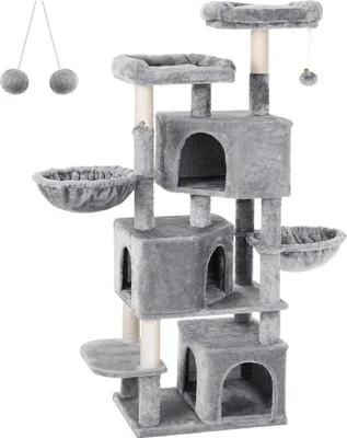 A multi-level cat tree with multiple platforms, scratching posts, and enclosed spaces, all covered in gray plush fabric.
