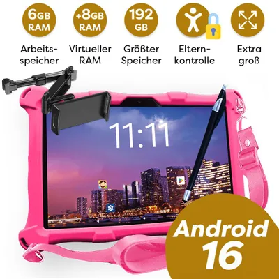 Produktbild von AngelTech Kindertablet XL PRO II - Android 16 - Rosa mit Tablet-Halterung