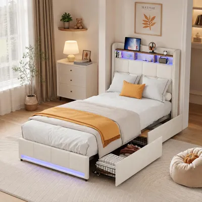 Immagine prodotto di Letto imbottito INONEFT, 90x200 cm, con illuminazione LED e prese USB, letto singolo per ragazzi con 2 cassetti e 2 vani portaoggetti, tessuto in lino, color beige, Immagine generata dall'IA