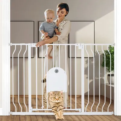 Produktbild von Comomy Treppenschutzgitter/Türschutzgitter Ohne Bohren, 75-123cm Automatisch Schließendes Hundegitter mit Katzentür, Stabile Baby Schutzgitter/treppengitter, Ideal für Kinder und Haustiere, Weiß