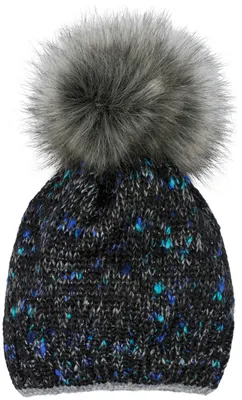 Produktbild von styleBREAKER Damen Strick Bommelmütze bunt gemustert mit Glitzerfaden und Fleece Futter, Winter Fellbommel Mütze 04024178
