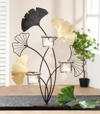 Obrázok produktu pre Držiak na čajové sviečky H38,5cm Ginkgo zlatý kovový držiak na sviečku Stolová dekorácia
