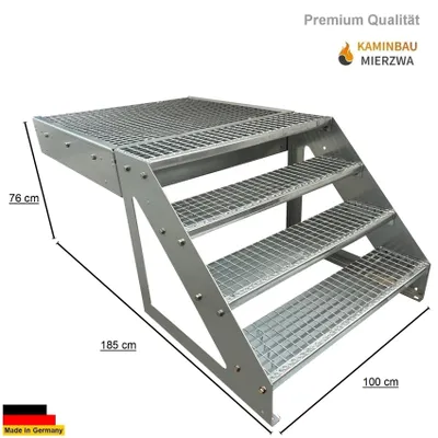 A metal staircase with dimensions shown. The staircase is made of a metal grate material.