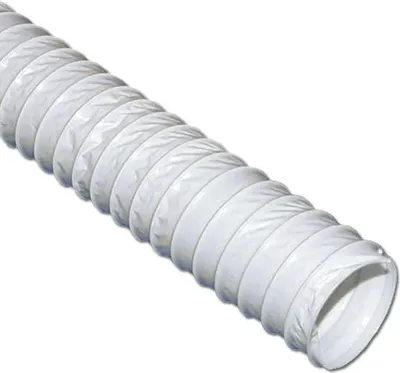 A white, flexible, ribbed hose is shown against a white background.