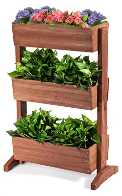 Image de COSTWAY 71 x 38 x 105 cm : jardinière surélevée verticale à 3 niveaux, avec 3 bacs à plantes réglables et trous de drainage, jardinière de jardin en bois de sapin, couleur marron