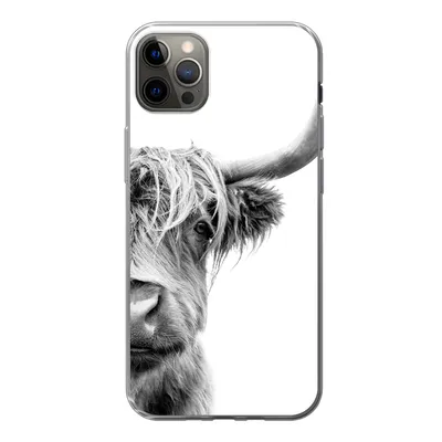 Produktbild von MuchoWow® Handyhülle Schutzhülle Hülle für iPhone 12 Pro Max Schottischer Highlander - Tiere - Schwarz - Weiß Silikon Softcase Handy Hülle - Hartschale