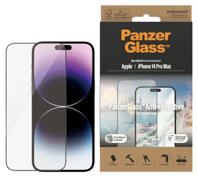 Obrázek produktu pro PanzerGlass ® Anti-Reflective Screen Protector iPhone 14 Pro Max | Ultra-Wide Fit w. EasyAligner, Apple, Apple - iPhone 14 Pro Max, Aplikace nasucho, Odolné proti poškrábání, Odolný proti nárazům, Antibakteriální, Průhledná, 1 kusů