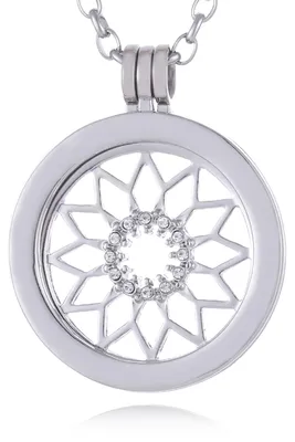 Zdjęcie produktu dla Naszyjnik damski Morella, 70 cm, ze stali nierdzewnej, z amuletem i monetką o średnicy 33 mm z symbolem słońca w kolorze srebrnym, w woreczku na biżuterię