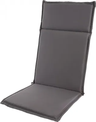 A gray chair cushion is shown against a white background.