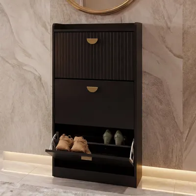 Zdjęcie produktu dla Szafka na buty HWC-O39, stojak na buty 3 klapy składane przegródki MDF melamina metal 117x60x24cm ~ wygląd drewna czarny