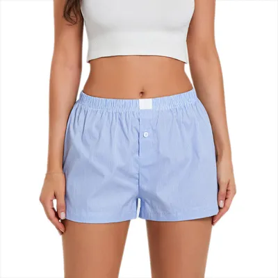 Obrázok produktu pre 2024 Leto cezhraničné AliExpress Dámske ležérne pohodlné vysoký pás voľné široké nohavice retro horúci štýl kockované šortky -2x2 svetlo modré pruhy-2x2 S