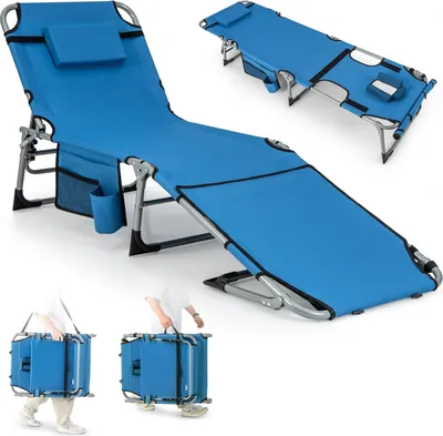 Immagine prodotto di Sedia abbronzante pieghevole con aperture per il viso e le braccia, sdraio da esterno regolabile in 5 posizioni con cuscino e tasca laterale, blu