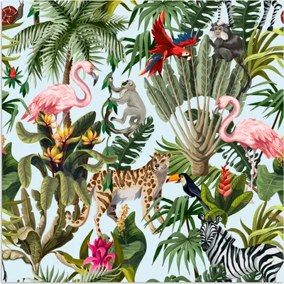 Produktbild von MuchoWow® Poster Dschungel - Tiere - Mädchen - Kinder - Jungen - Flamingo - Papagei 50x50 cm - Wohnzimmerdekoration